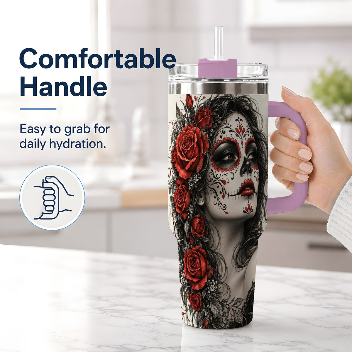#pl[40oz|Pink] Sugar Skull Rose 40oz Tumbler, Stainless Steel Drinkware for Daily Use