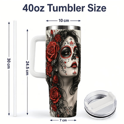 #pl[40oz|White] Sugar Skull Rose 40oz Tumbler, Stainless Steel Drinkware for Daily Use