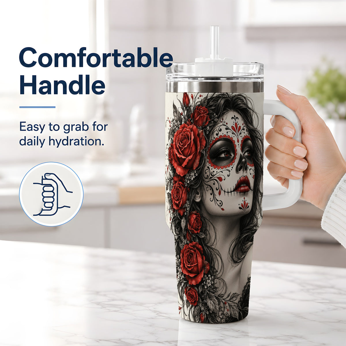 #pl[40oz|White] Sugar Skull Rose 40oz Tumbler, Stainless Steel Drinkware for Daily Use