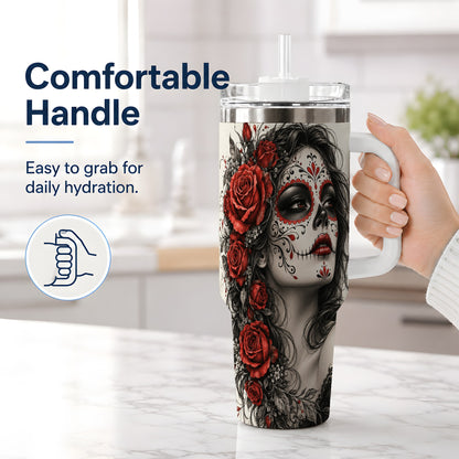 #pl[40oz|White] Sugar Skull Rose 40oz Tumbler, Stainless Steel Drinkware for Daily Use