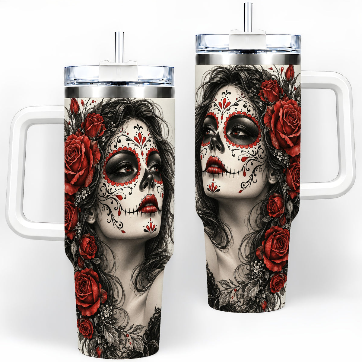 Sugar Skull Rose 40oz Tumbler, Stainless Steel Drinkware for Daily Use