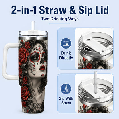 #pl[40oz|White] Sugar Skull Rose 40oz Tumbler, Stainless Steel Drinkware for Daily Use