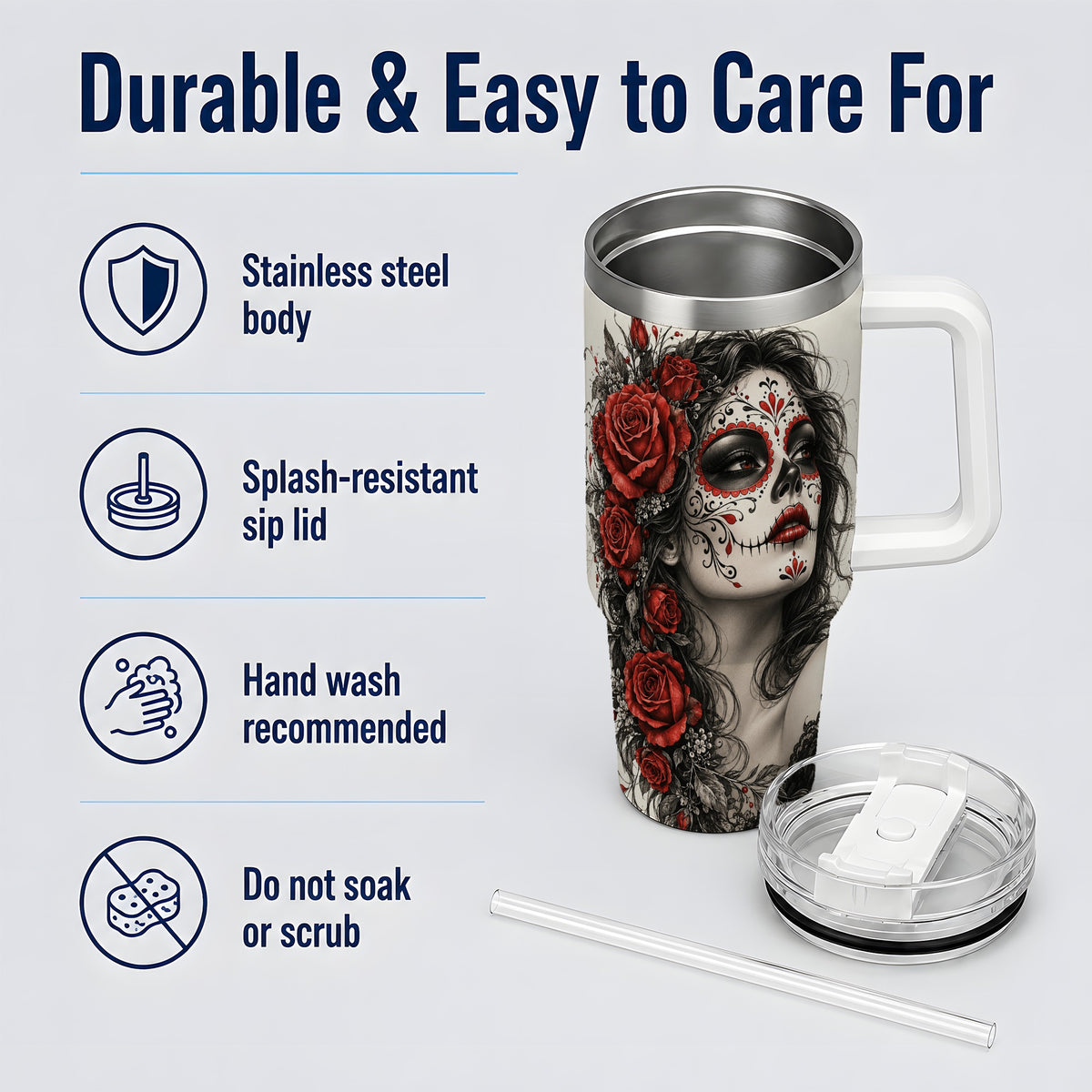 Sugar Skull Rose 40oz Tumbler, Stainless Steel Drinkware for Daily Use