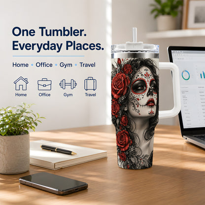 Sugar Skull Rose 40oz Tumbler, Stainless Steel Drinkware for Daily Use