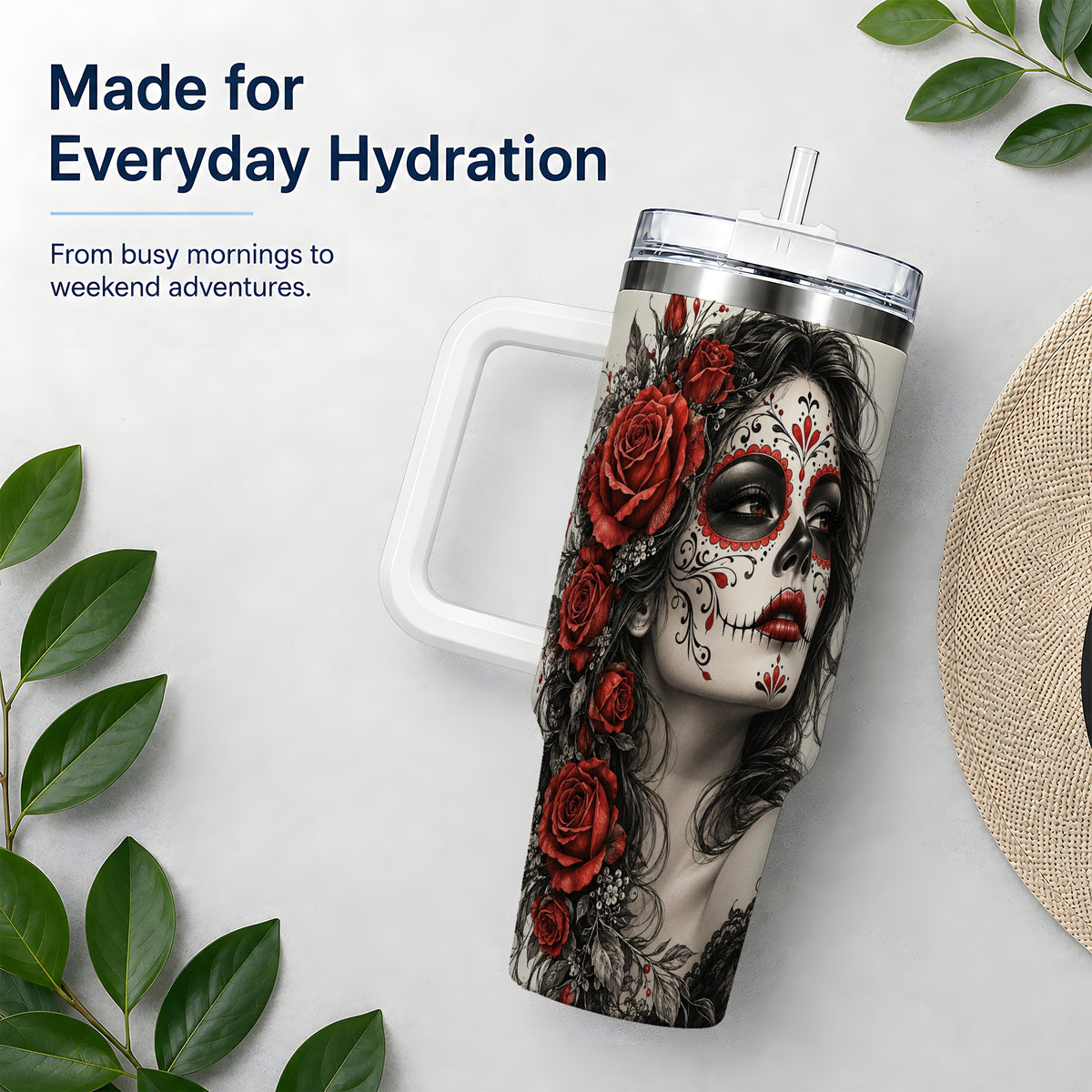 Sugar Skull Rose 40oz Tumbler, Stainless Steel Drinkware for Daily Use