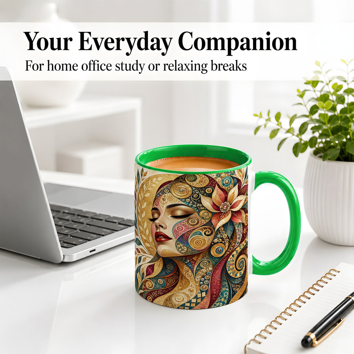 #pl[11oz|Green] Ornamental Woman Accent Mug with Mosaic Floral Portrait Artwork