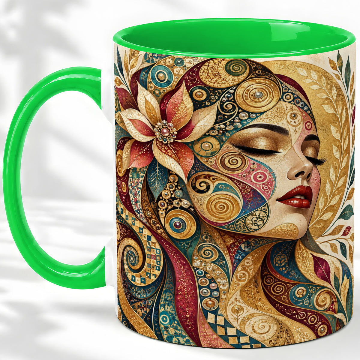 #pl[11oz|Green] Ornamental Woman Accent Mug with Mosaic Floral Portrait Artwork