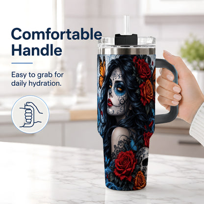 #pl[40oz|Black] Sugar Skull Butterfly 40oz Tumbler, Stainless Steel for Daily Use