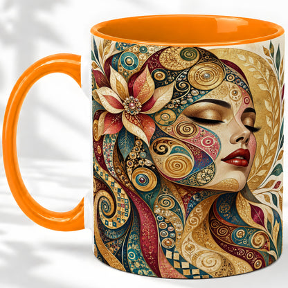 #pl[11oz|Orange] Ornamental Woman Accent Mug with Mosaic Floral Portrait Artwork