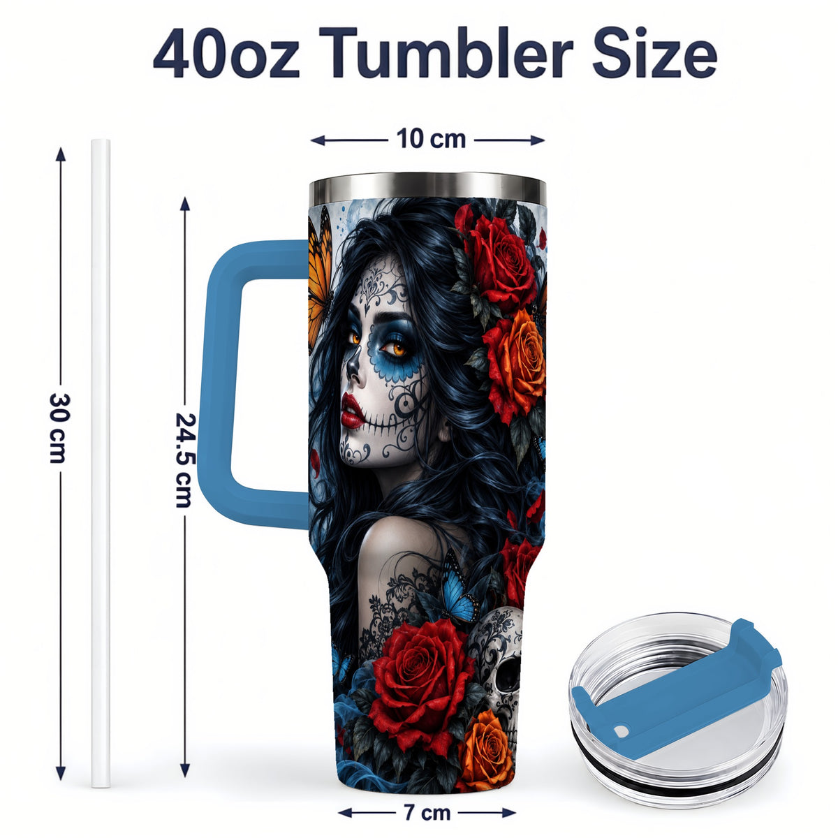 #pl[40oz|Blue] Sugar Skull Butterfly 40oz Tumbler, Stainless Steel for Daily Use