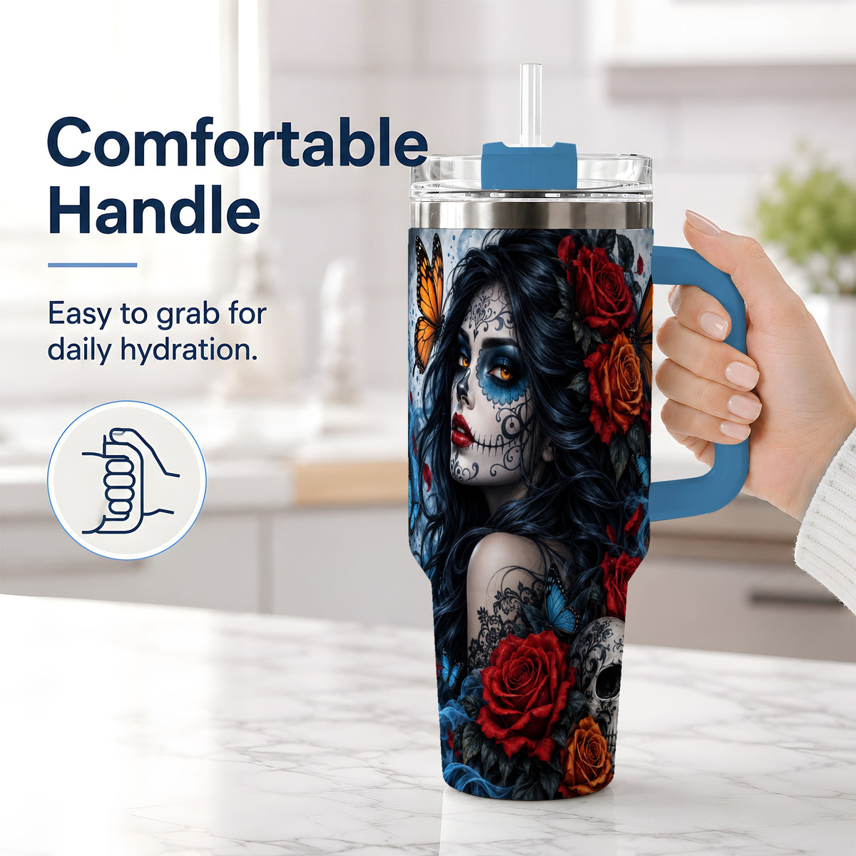 #pl[40oz|Blue] Sugar Skull Butterfly 40oz Tumbler, Stainless Steel for Daily Use