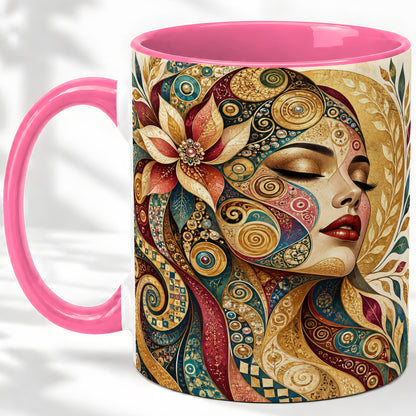 #pl[11oz|Pink] Ornamental Woman Accent Mug with Mosaic Floral Portrait Artwork