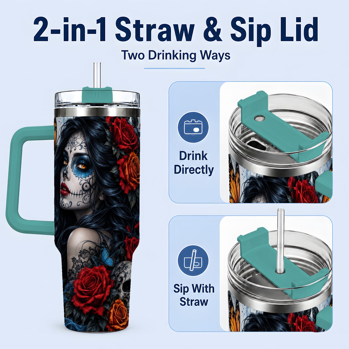 #pl[40oz|Green] Sugar Skull Butterfly 40oz Tumbler, Stainless Steel for Daily Use
