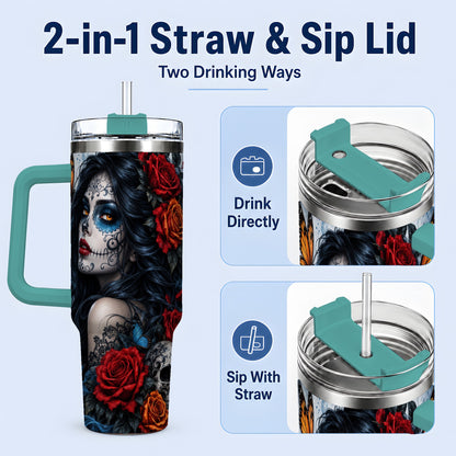 #pl[40oz|Green] Sugar Skull Butterfly 40oz Tumbler, Stainless Steel for Daily Use