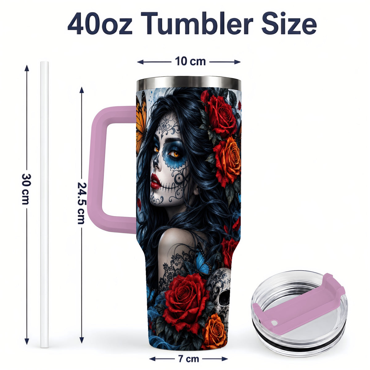 #pl[40oz|Pink] Sugar Skull Butterfly 40oz Tumbler, Stainless Steel for Daily Use