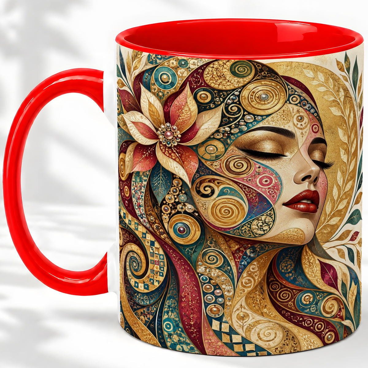 Ornamental Woman Accent Mug with Mosaic Floral Portrait Artwork