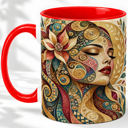 Ornamental Woman Accent Mug with Mosaic Floral Portrait Artwork