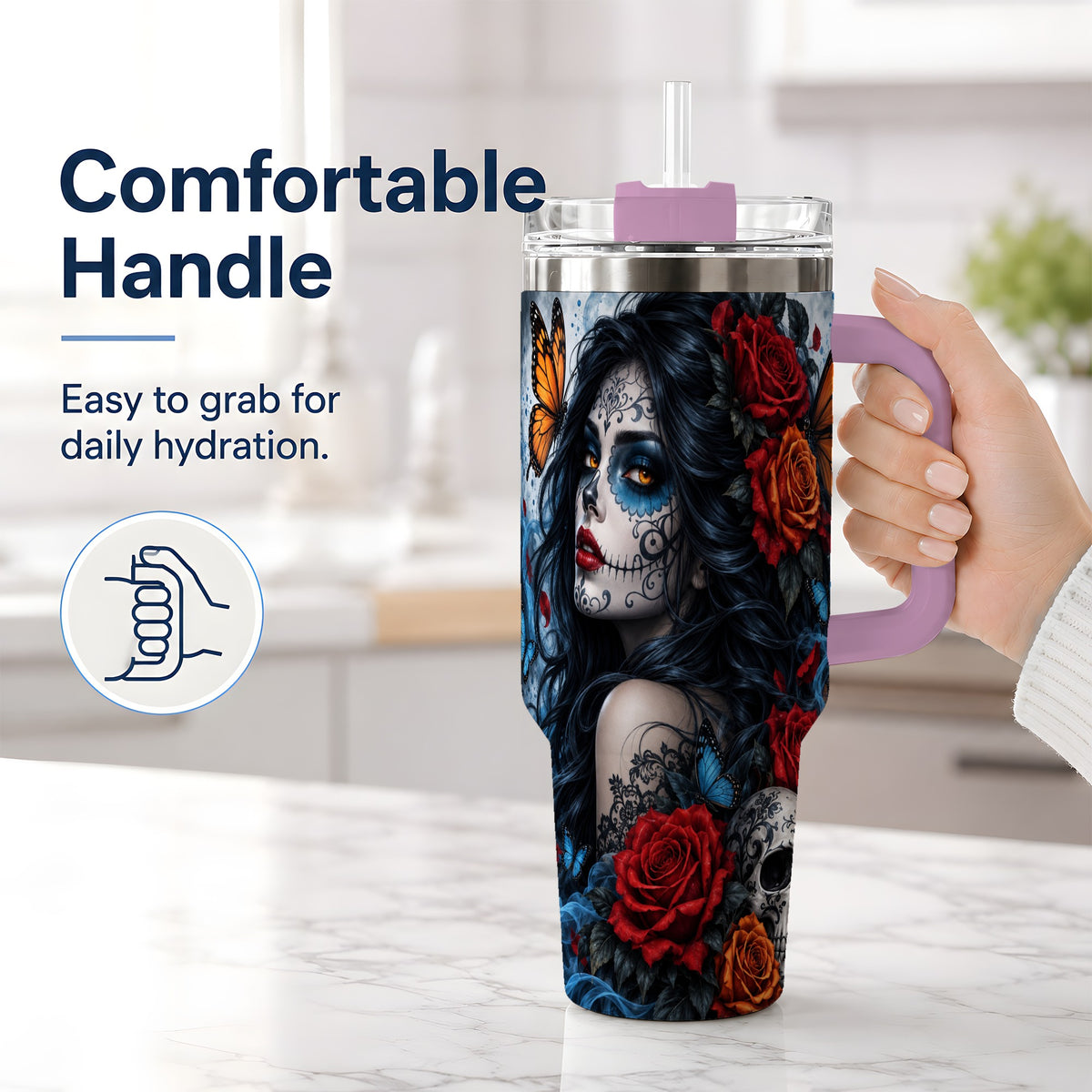#pl[40oz|Pink] Sugar Skull Butterfly 40oz Tumbler, Stainless Steel for Daily Use