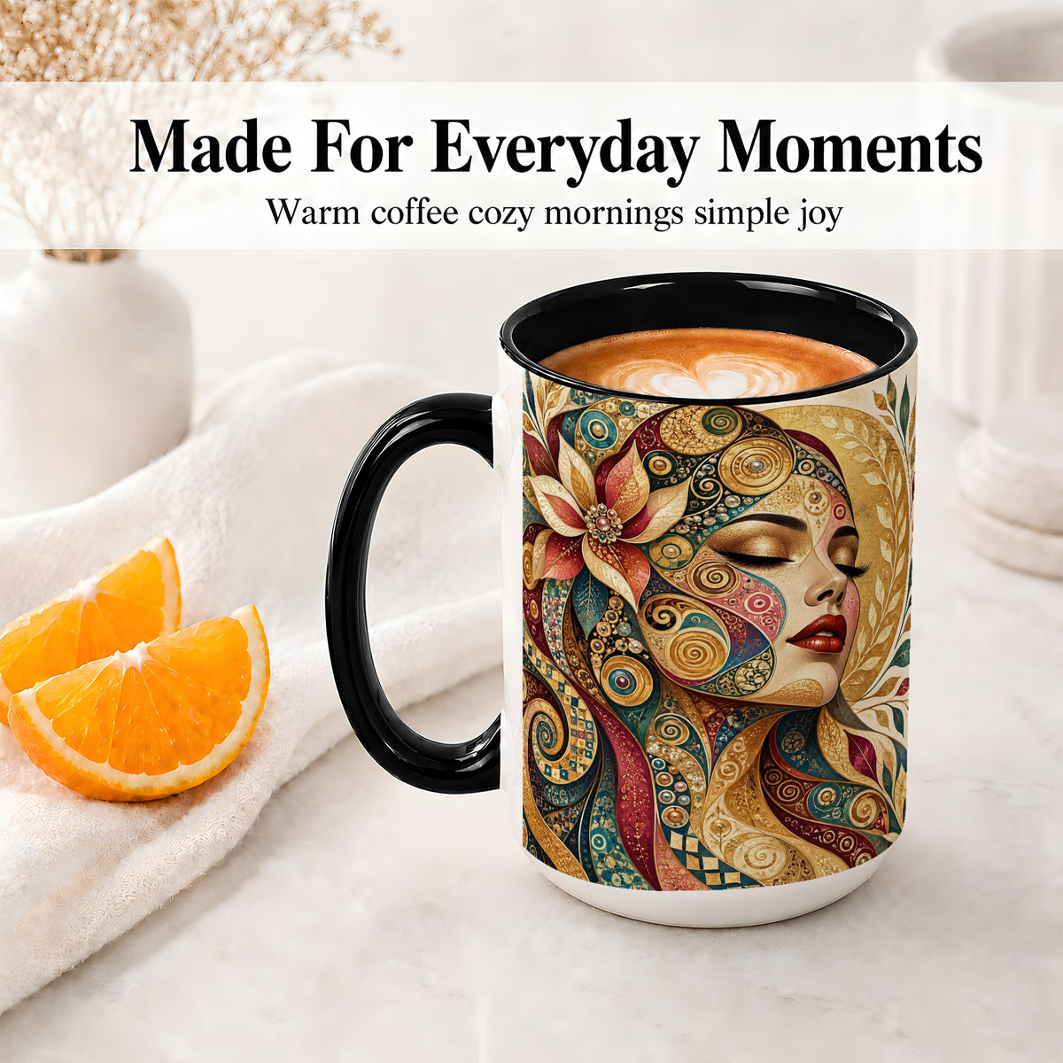 #pl[15oz|Black] Ornamental Woman Accent Mug with Mosaic Floral Portrait Artwork