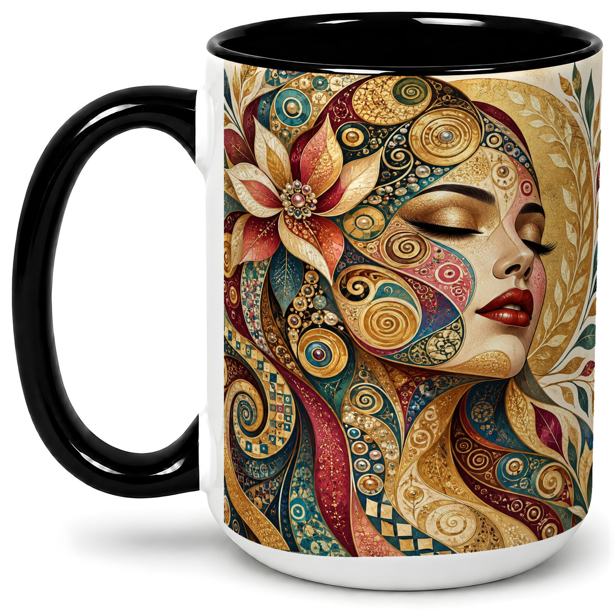 #pl[15oz|Black] Ornamental Woman Accent Mug with Mosaic Floral Portrait Artwork
