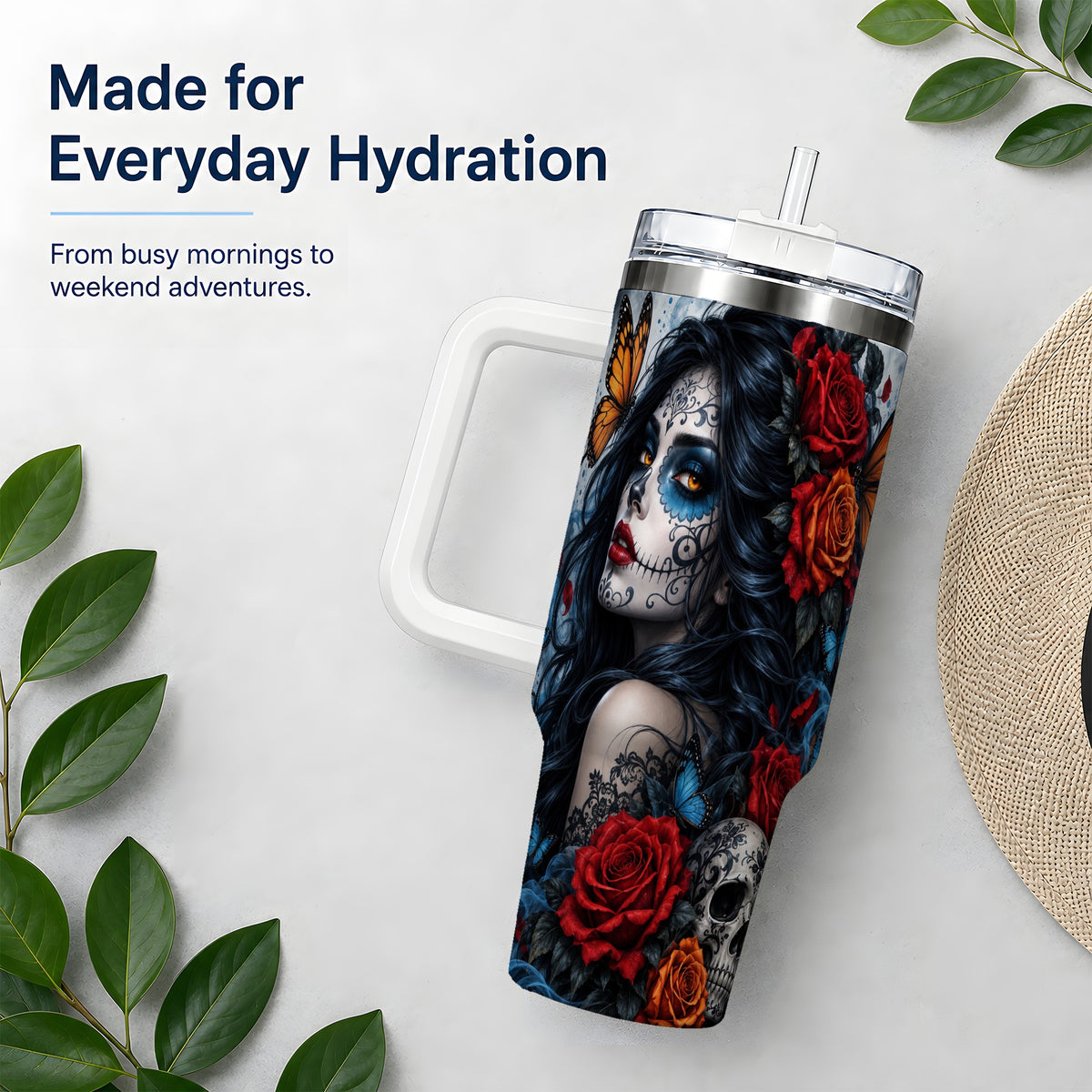 Sugar Skull Butterfly 40oz Tumbler, Stainless Steel for Daily Use