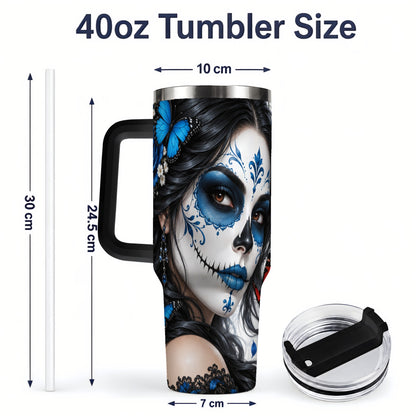 #pl[40oz|Black] Blue Sugar Skull Butterfly 40oz Tumbler, Stainless Steel for Daily Use