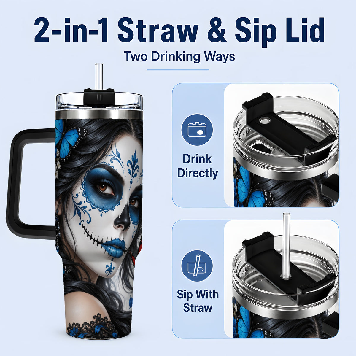 #pl[40oz|Black] Blue Sugar Skull Butterfly 40oz Tumbler, Stainless Steel for Daily Use