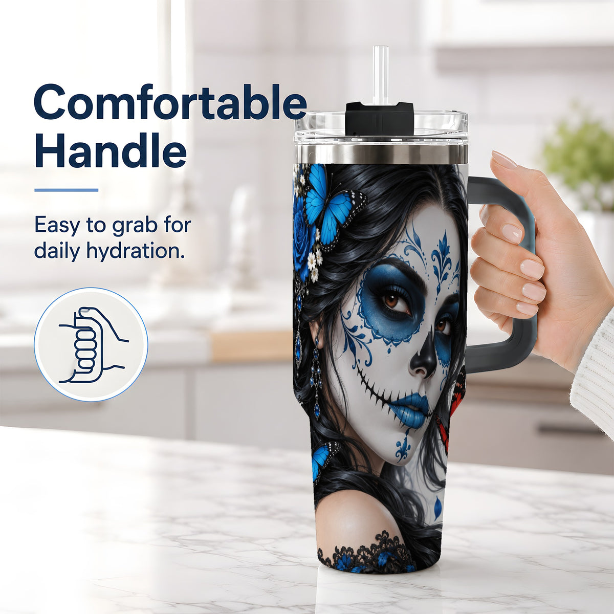 #pl[40oz|Black] Blue Sugar Skull Butterfly 40oz Tumbler, Stainless Steel for Daily Use