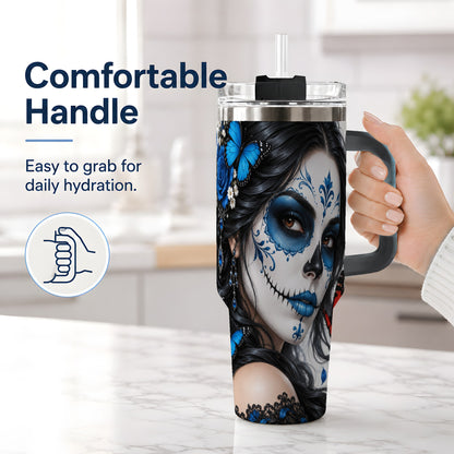 #pl[40oz|Black] Blue Sugar Skull Butterfly 40oz Tumbler, Stainless Steel for Daily Use