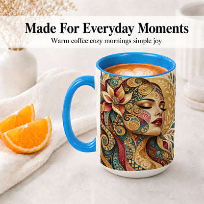 #pl[15oz|Blue] Ornamental Woman Accent Mug with Mosaic Floral Portrait Artwork