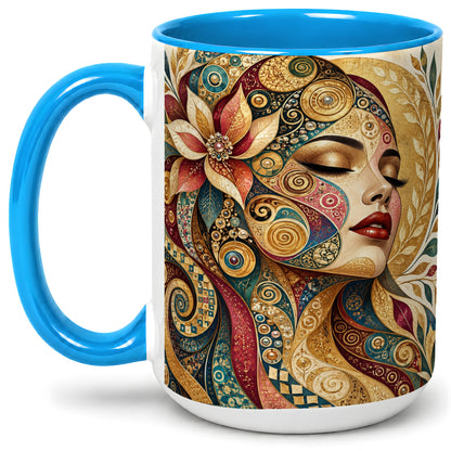 #pl[15oz|Blue] Ornamental Woman Accent Mug with Mosaic Floral Portrait Artwork