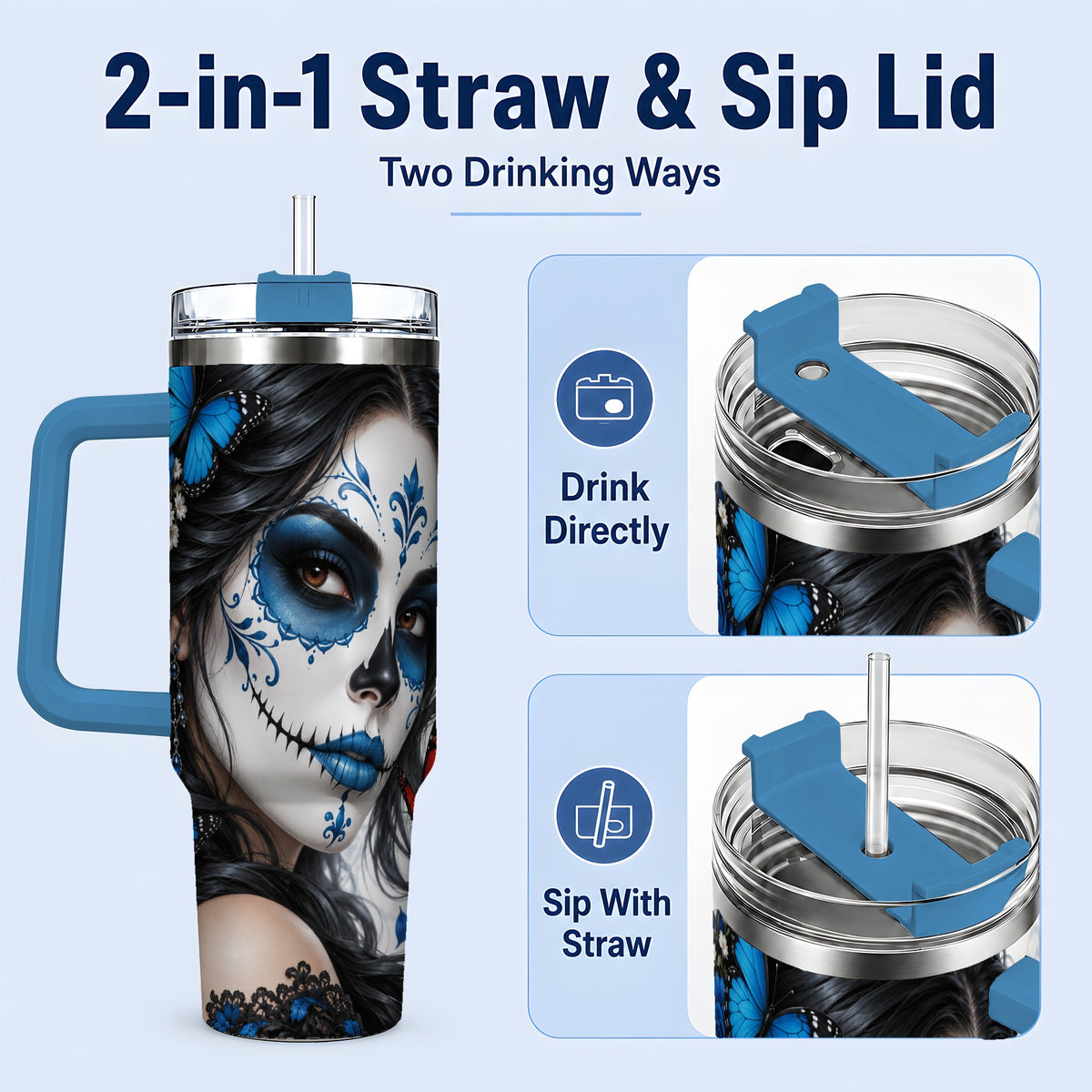#pl[40oz|Blue] Blue Sugar Skull Butterfly 40oz Tumbler, Stainless Steel for Daily Use