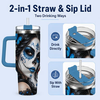 #pl[40oz|Blue] Blue Sugar Skull Butterfly 40oz Tumbler, Stainless Steel for Daily Use