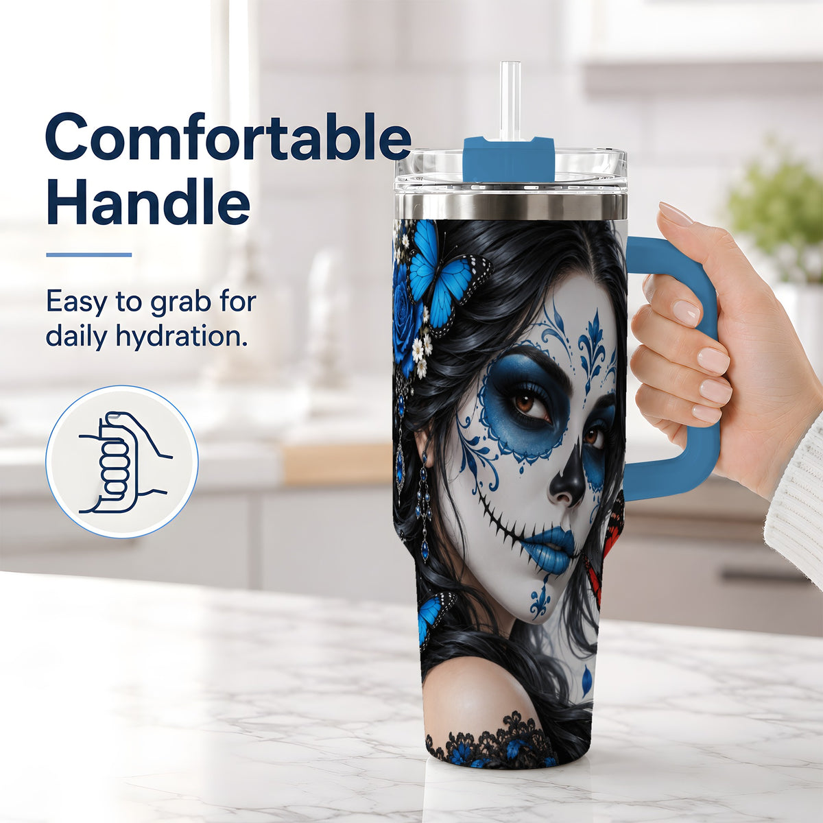 #pl[40oz|Blue] Blue Sugar Skull Butterfly 40oz Tumbler, Stainless Steel for Daily Use