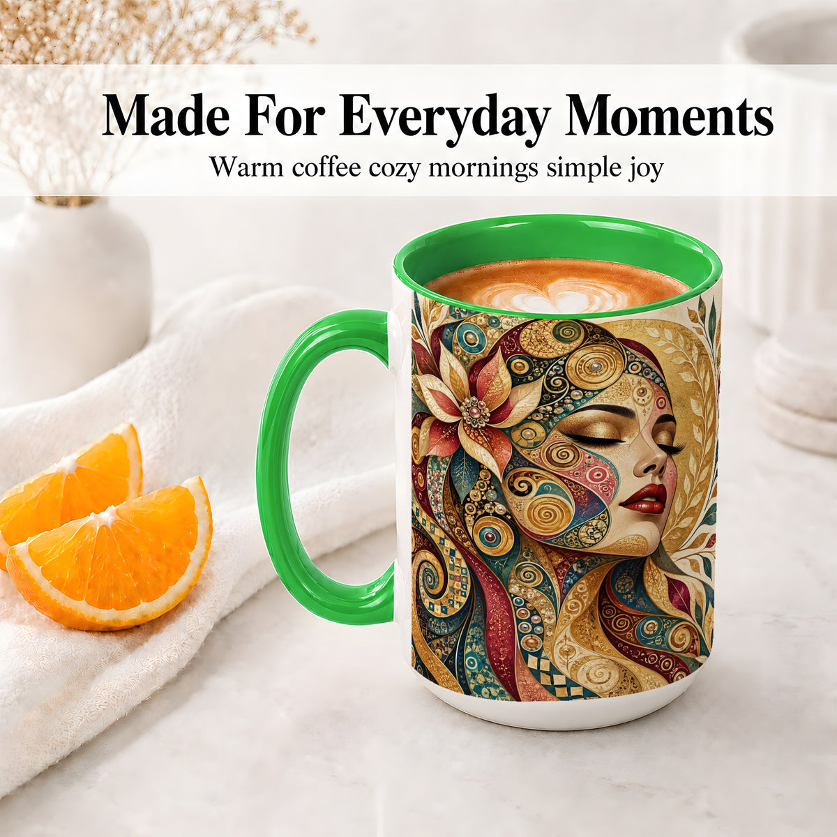 #pl[15oz|Green] Ornamental Woman Accent Mug with Mosaic Floral Portrait Artwork