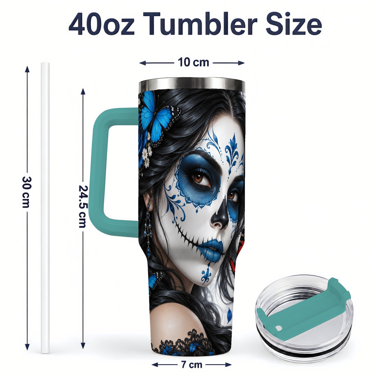 #pl[40oz|Green] Blue Sugar Skull Butterfly 40oz Tumbler, Stainless Steel for Daily Use