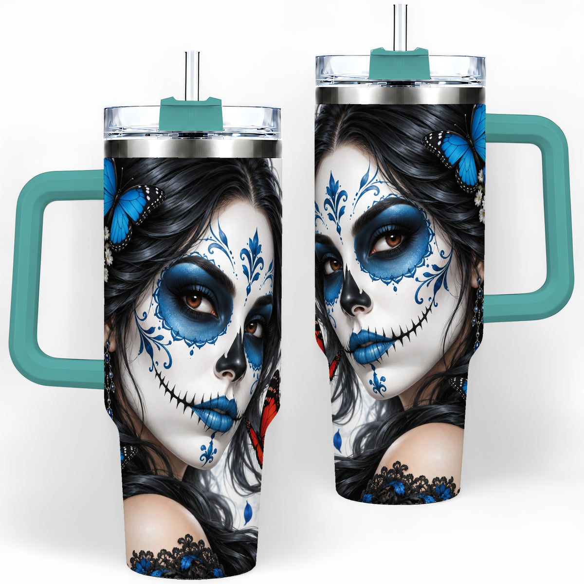 #pl[40oz|Green] Blue Sugar Skull Butterfly 40oz Tumbler, Stainless Steel for Daily Use