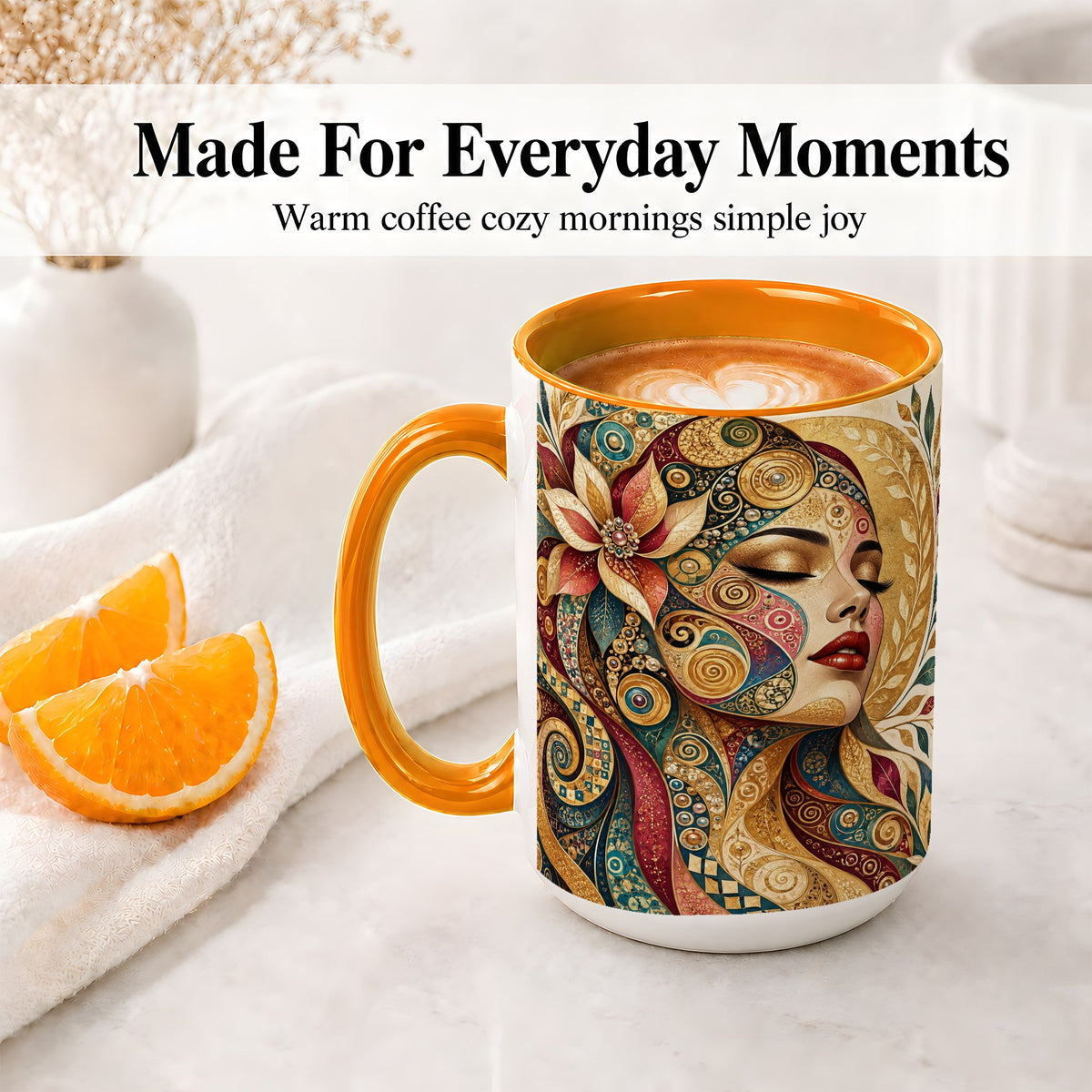 #pl[15oz|Orange] Ornamental Woman Accent Mug with Mosaic Floral Portrait Artwork