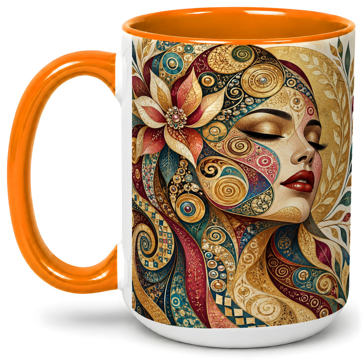 #pl[15oz|Orange] Ornamental Woman Accent Mug with Mosaic Floral Portrait Artwork