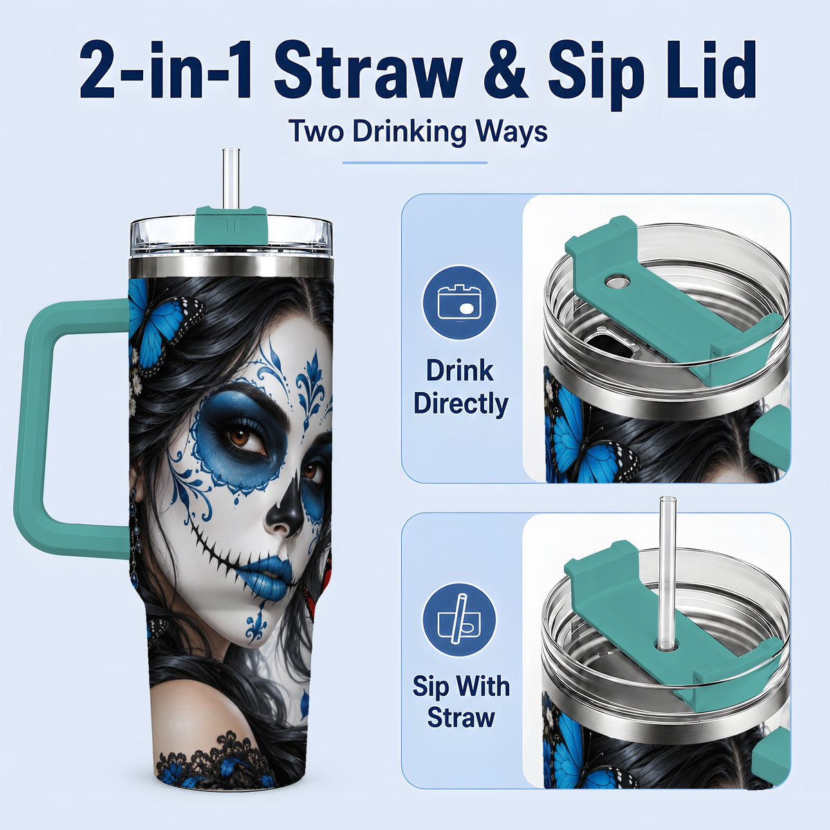 #pl[40oz|Green] Blue Sugar Skull Butterfly 40oz Tumbler, Stainless Steel for Daily Use