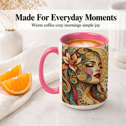 #pl[15oz|Pink] Ornamental Woman Accent Mug with Mosaic Floral Portrait Artwork