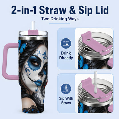 #pl[40oz|Pink] Blue Sugar Skull Butterfly 40oz Tumbler, Stainless Steel for Daily Use