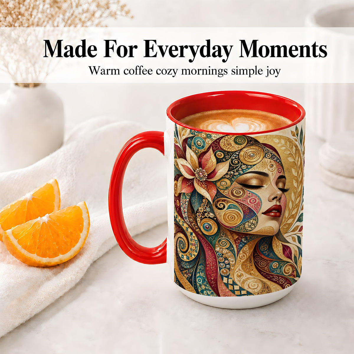 #pl[15oz|Red] Ornamental Woman Accent Mug with Mosaic Floral Portrait Artwork