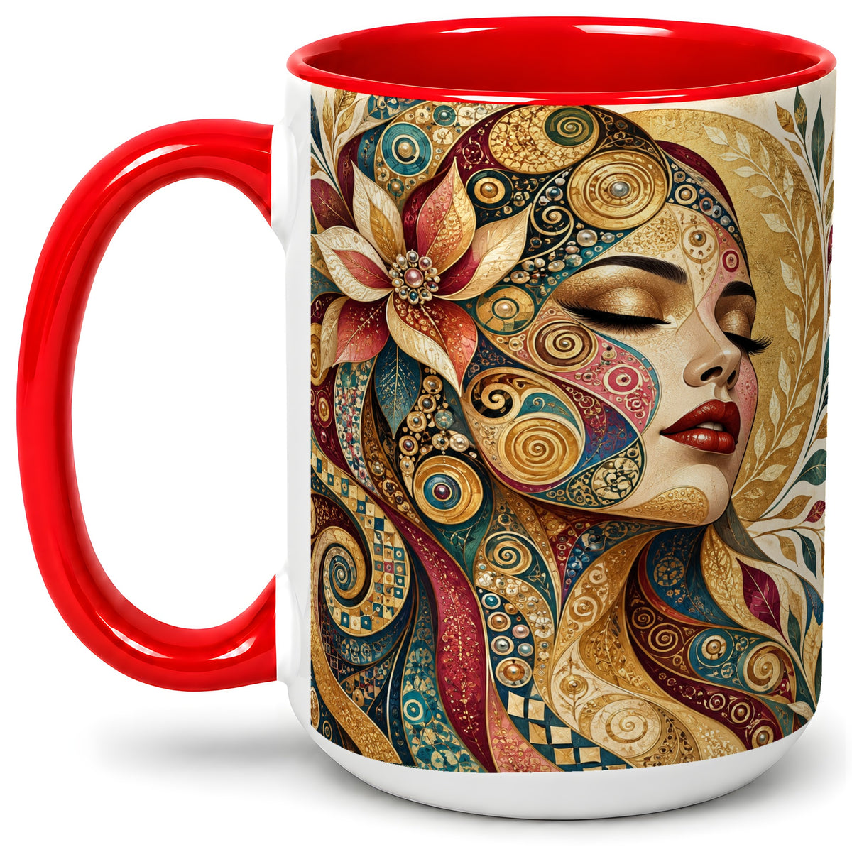 #pl[15oz|Red] Ornamental Woman Accent Mug with Mosaic Floral Portrait Artwork