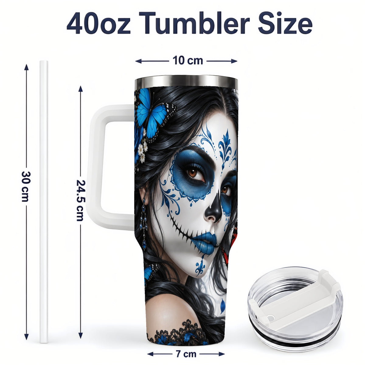 #pl[40oz|White] Blue Sugar Skull Butterfly 40oz Tumbler, Stainless Steel for Daily Use