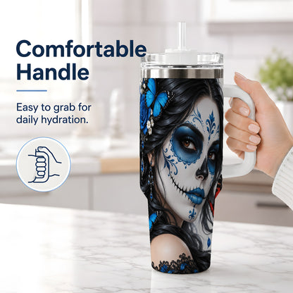 #pl[40oz|White] Blue Sugar Skull Butterfly 40oz Tumbler, Stainless Steel for Daily Use