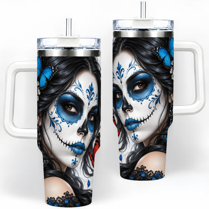 Blue Sugar Skull Butterfly 40oz Tumbler, Stainless Steel for Daily Use