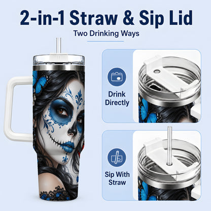 #pl[40oz|White] Blue Sugar Skull Butterfly 40oz Tumbler, Stainless Steel for Daily Use