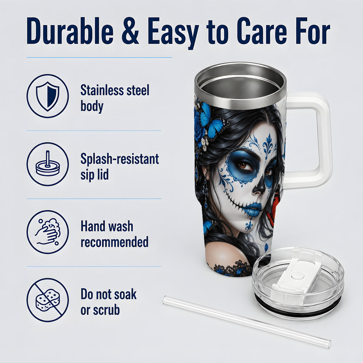 Blue Sugar Skull Butterfly 40oz Tumbler, Stainless Steel for Daily Use