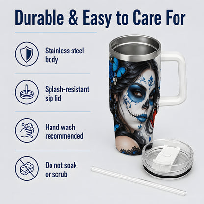 Blue Sugar Skull Butterfly 40oz Tumbler, Stainless Steel for Daily Use